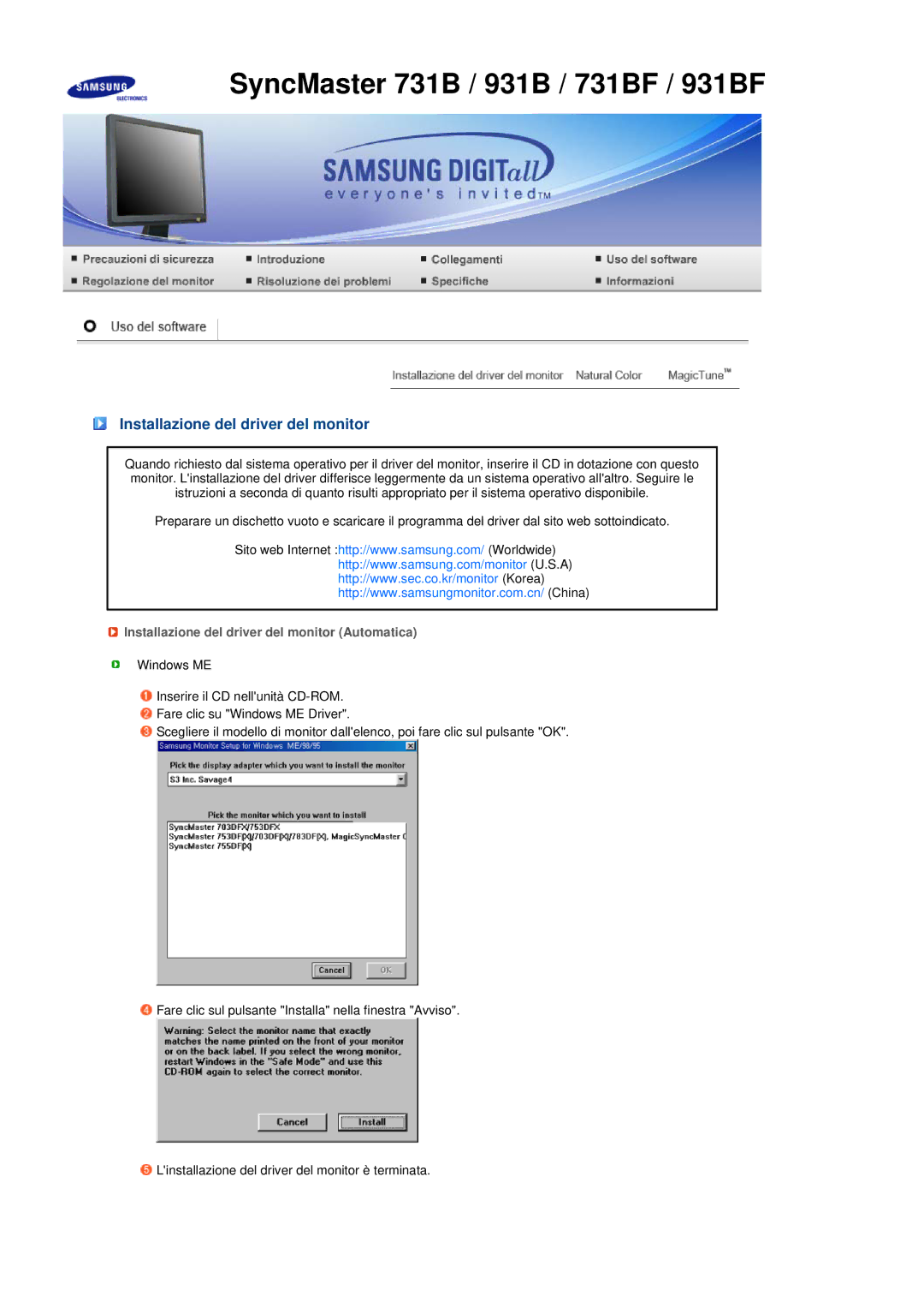 Samsung LS17MEDSBQ/EDC, LS19MEDSBQ/EDC manual Installazione del driver del monitor Automatica 