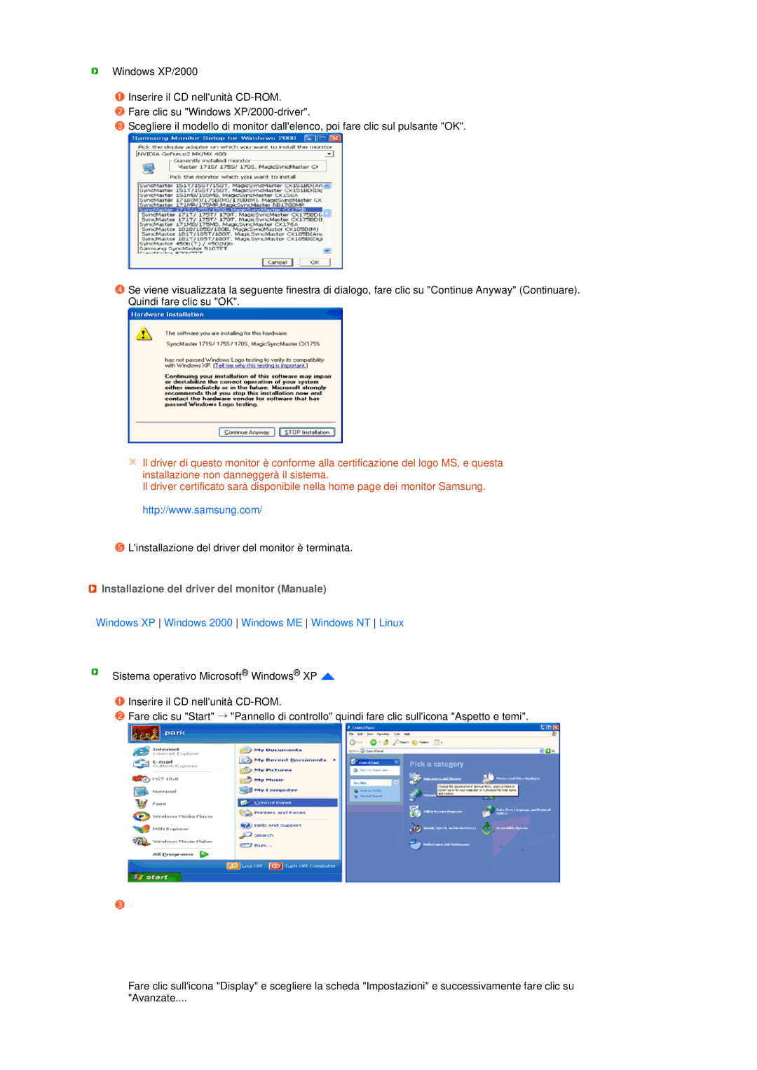 Samsung LS19MEDSBQ/EDC Installazione del driver del monitor Manuale, Windows XP Windows 2000 Windows ME Windows NT Linux 