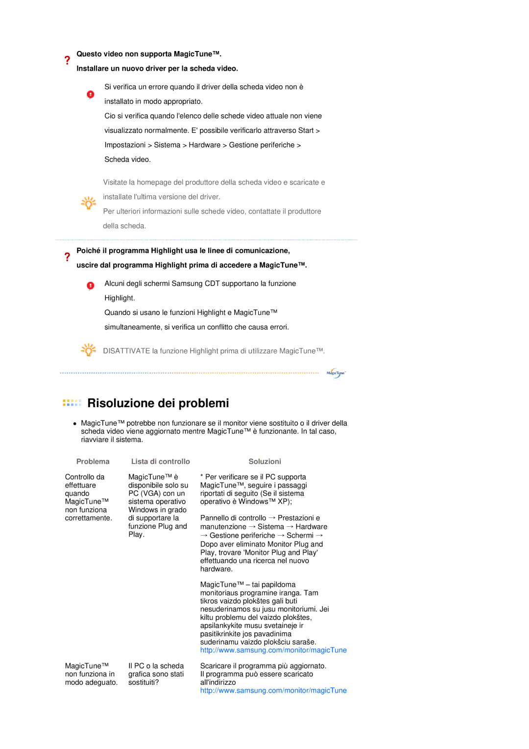 Samsung LS19MEDSBQ/EDC, LS17MEDSBQ/EDC manual Problema Lista di controllo Soluzioni 