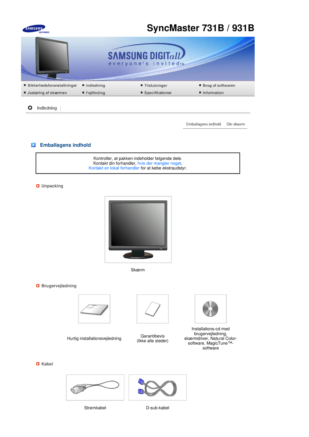 Samsung LS17MEDSBQ/EDC, LS19MEDSBQ/EDC manual Emballagens indhold, Unpacking, Brugervejledning, Kabel 