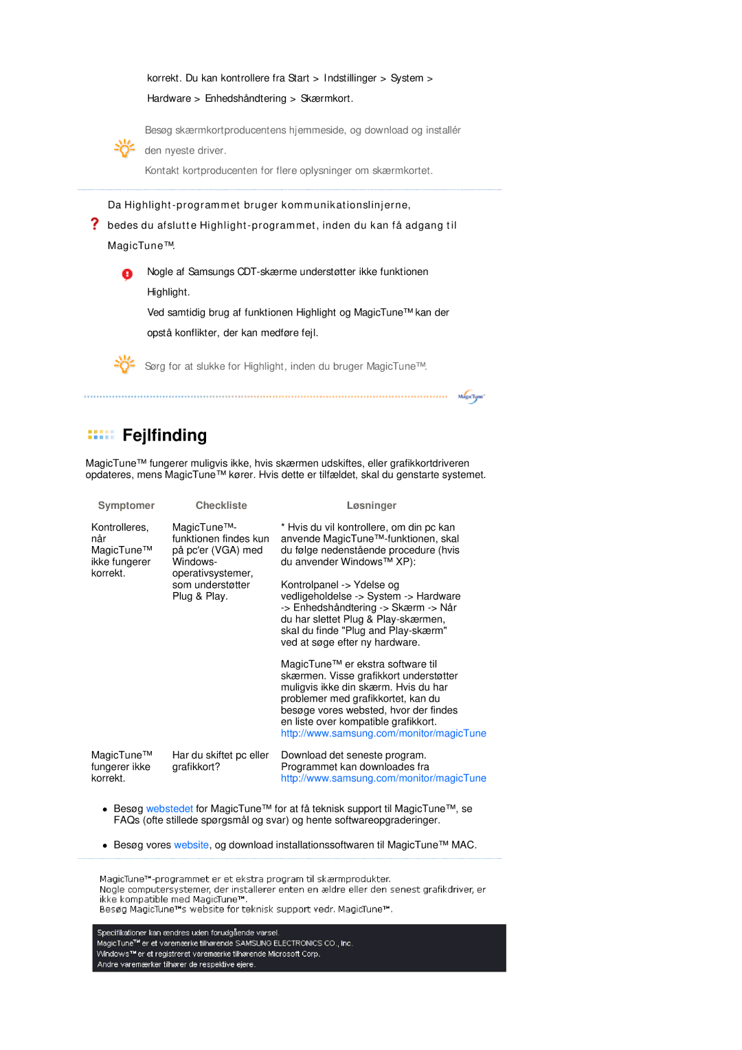 Samsung LS19MEDSBQ/EDC, LS17MEDSBQ/EDC manual Symptomer Checkliste Løsninger 