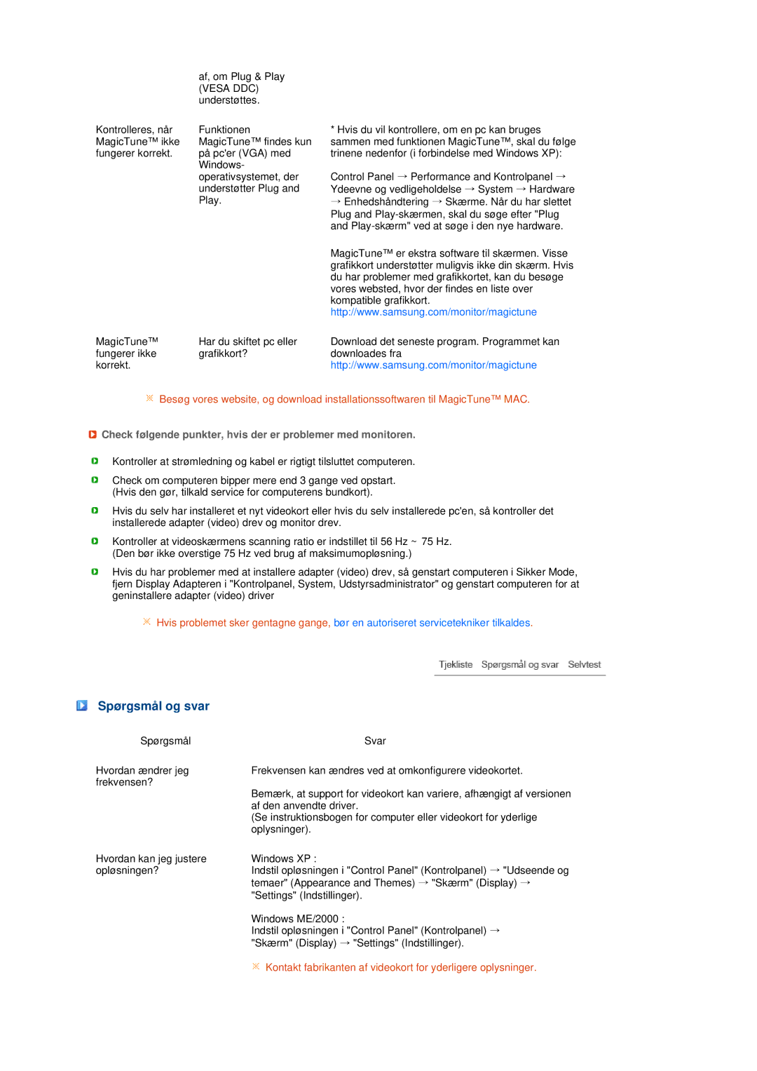 Samsung LS17MEDSBQ/EDC, LS19MEDSBQ/EDC manual Spørgsmål og svar, Check følgende punkter, hvis der er problemer med monitoren 