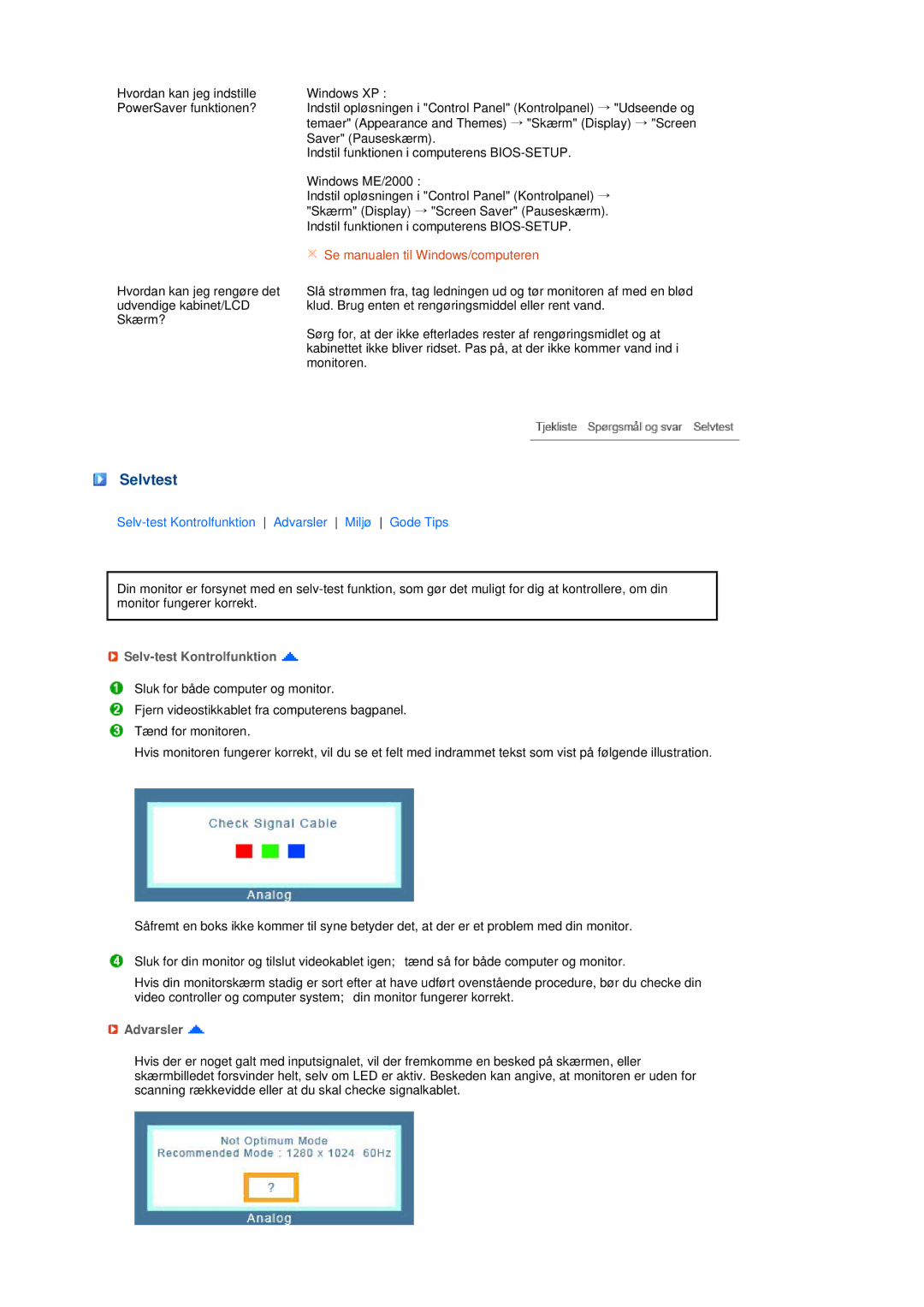 Samsung LS19MEDSBQ/EDC, LS17MEDSBQ/EDC manual Selvtest, Selv-test Kontrolfunktion, Advarsler 