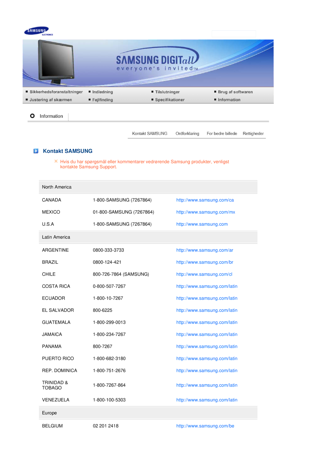 Samsung LS19MEDSBQ/EDC, LS17MEDSBQ/EDC manual Kontakt Samsung 