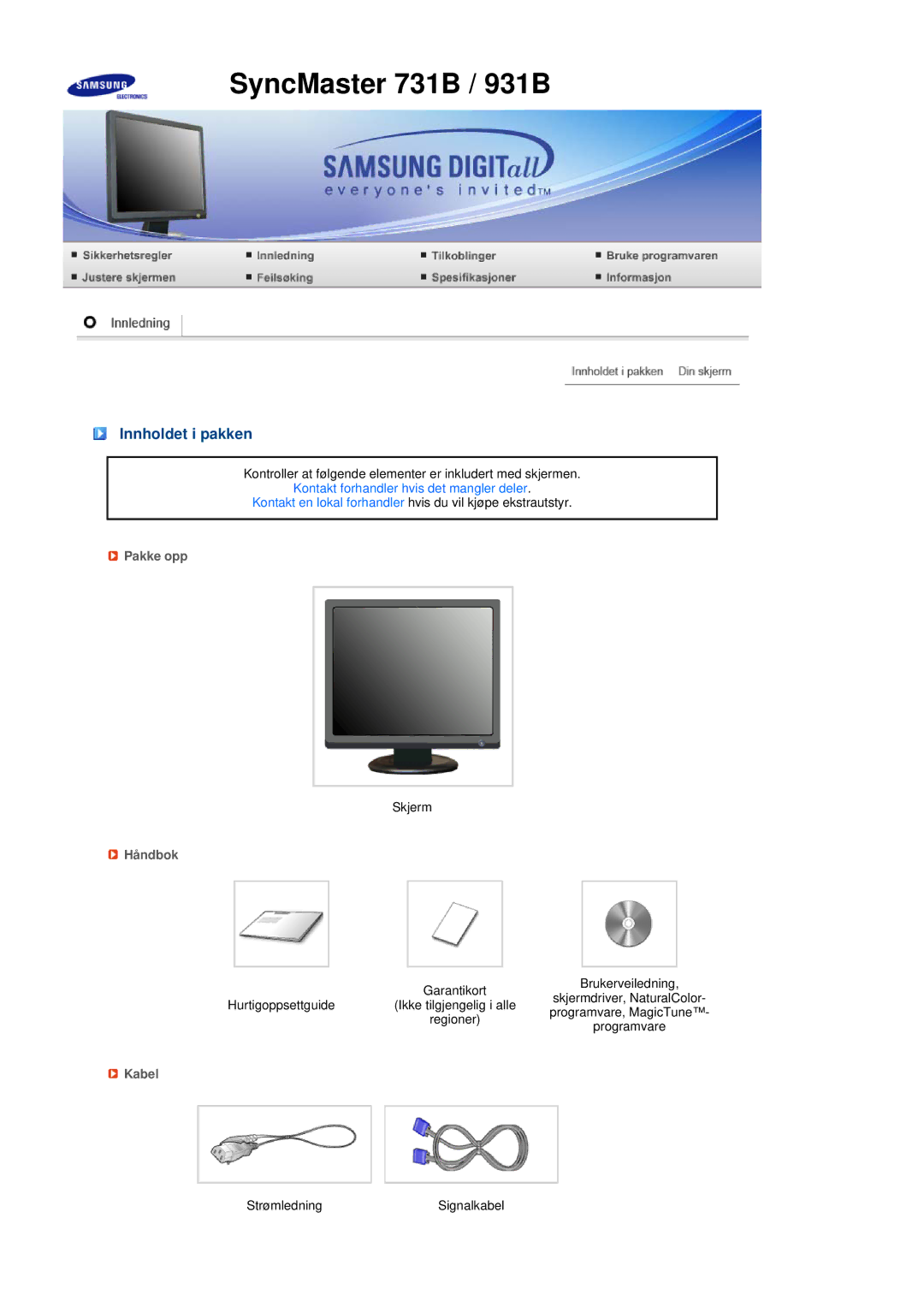 Samsung LS17MEDSBQ/EDC, LS19MEDSBQ/EDC manual Innholdet i pakken, Pakke opp, Håndbok, Kabel 