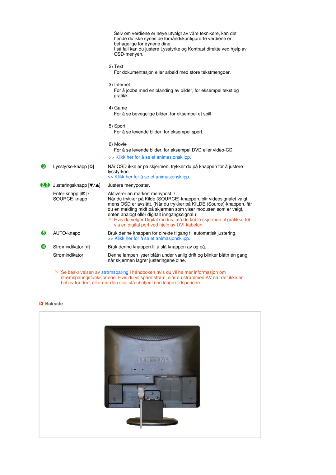 Samsung LS17MEDSBQ/EDC, LS19MEDSBQ/EDC manual Klikk her for å se et animasjonsklipp, Bakside 