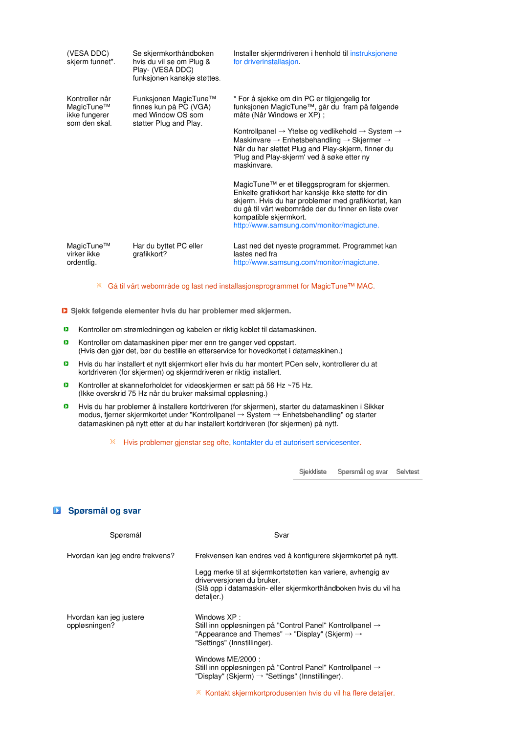 Samsung LS17MEDSBQ/EDC, LS19MEDSBQ/EDC manual Spørsmål og svar, Sjekk følgende elementer hvis du har problemer med skjermen 