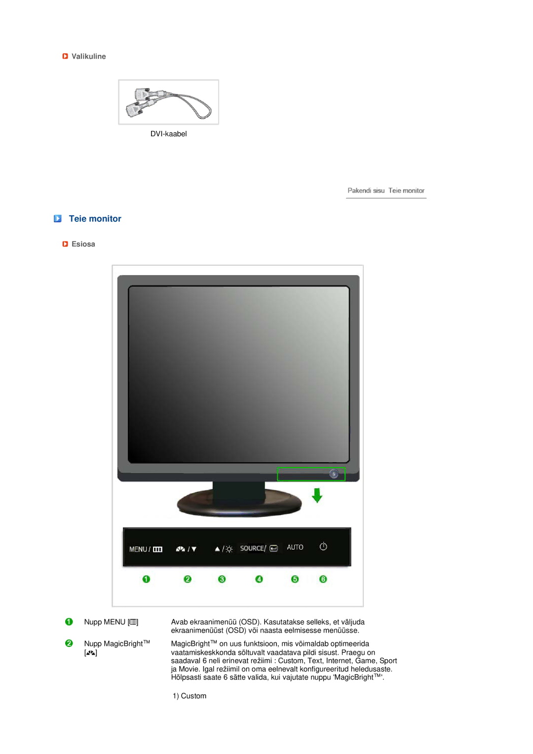 Samsung LS19MEDSBQ/EDC, LS17MEDSBQ/EDC manual Teie monitor, Valikuline, Esiosa 