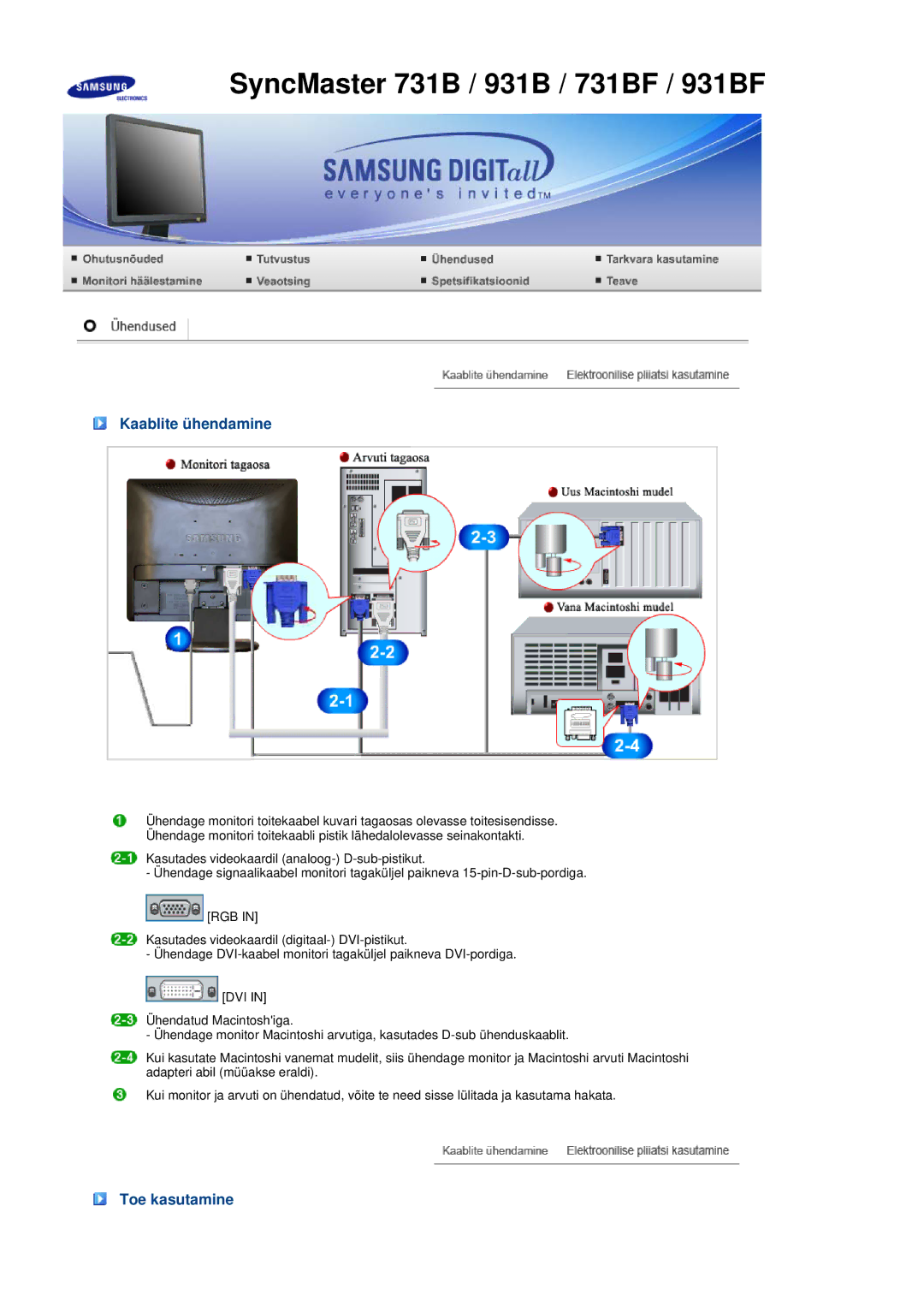 Samsung LS17MEDSBQ/EDC, LS19MEDSBQ/EDC manual Kaablite ühendamine, Toe kasutamine 