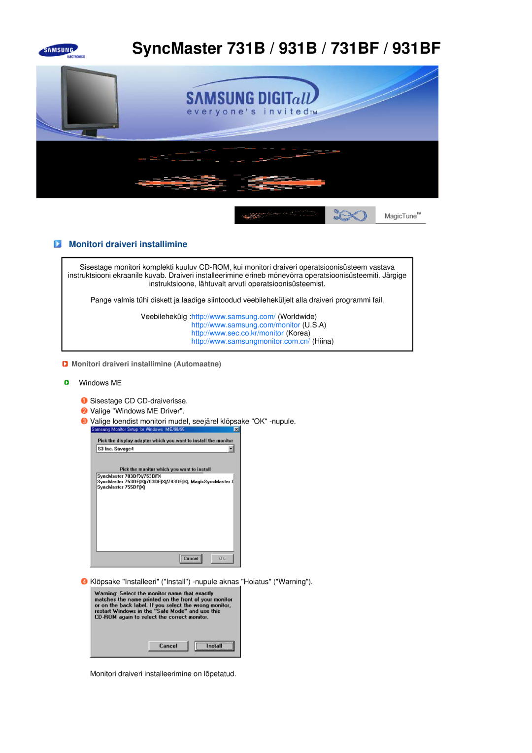 Samsung LS17MEDSBQ/EDC, LS19MEDSBQ/EDC manual Monitori draiveri installimine Automaatne 