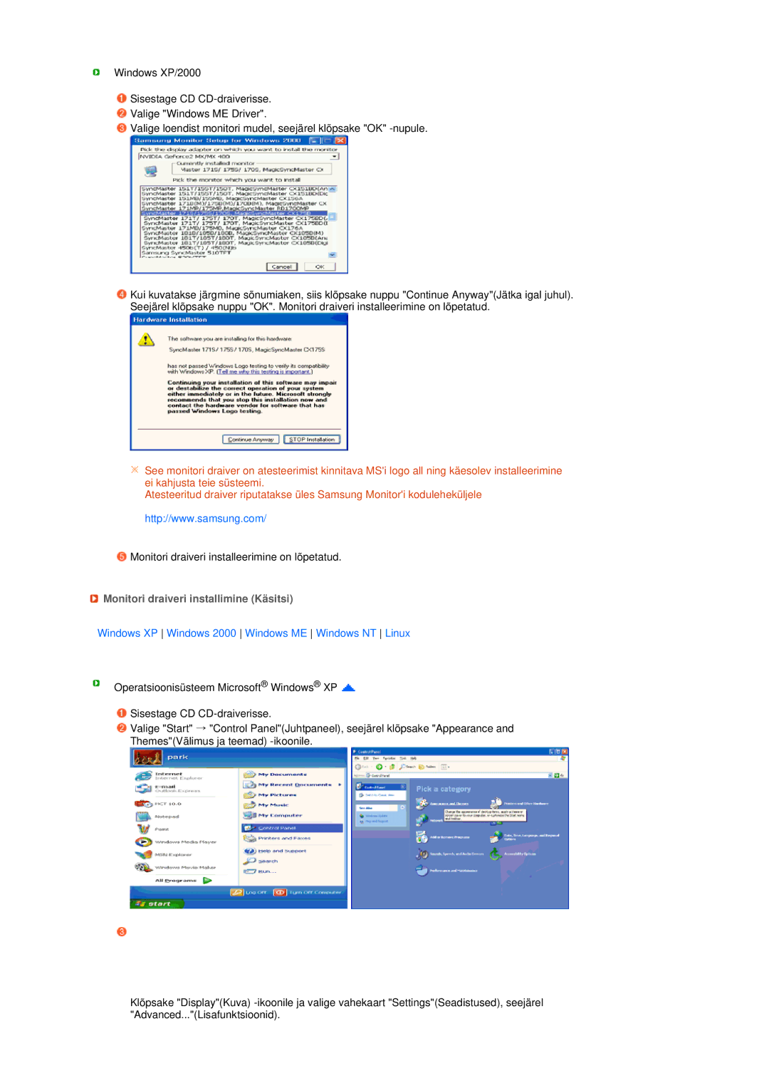 Samsung LS19MEDSBQ/EDC manual Monitori draiveri installimine Käsitsi, Windows XP Windows 2000 Windows ME Windows NT Linux 