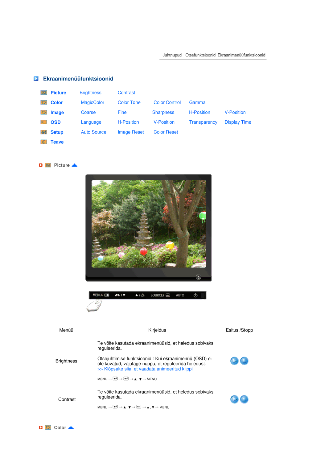Samsung LS19MEDSBQ/EDC, LS17MEDSBQ/EDC manual Ekraanimenüüfunktsioonid, Picture, Color 