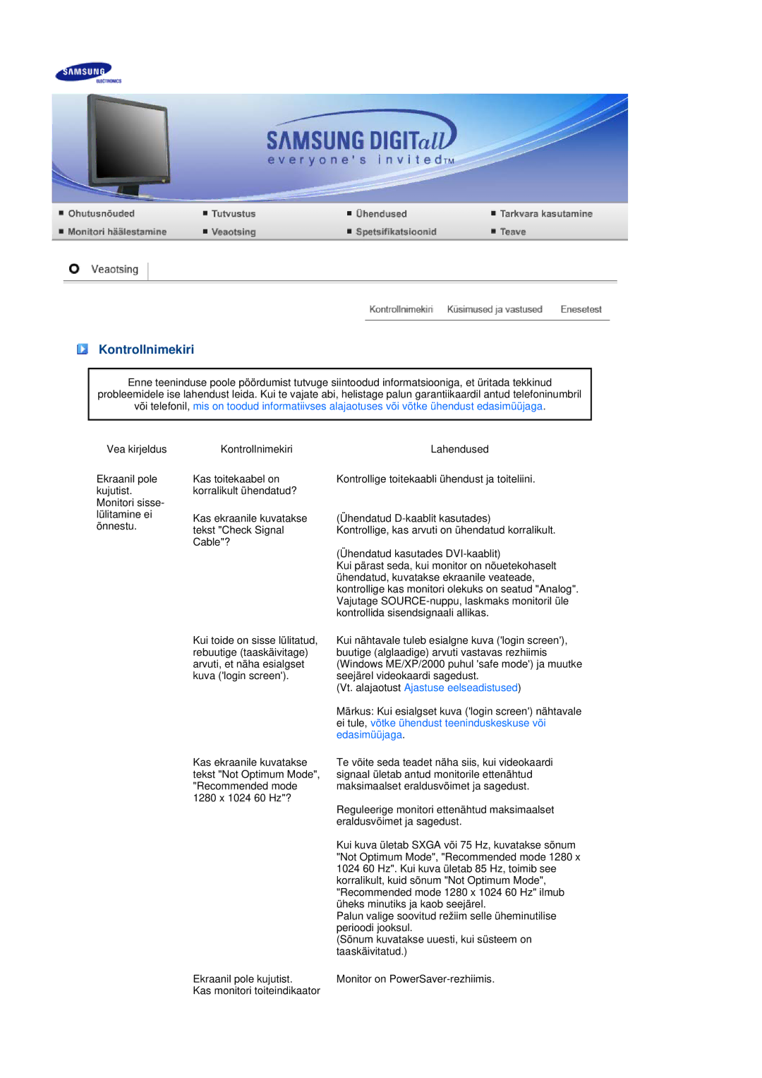 Samsung LS19MEDSBQ/EDC, LS17MEDSBQ/EDC manual Kontrollnimekiri, Vt. alajaotust Ajastuse eelseadistused 