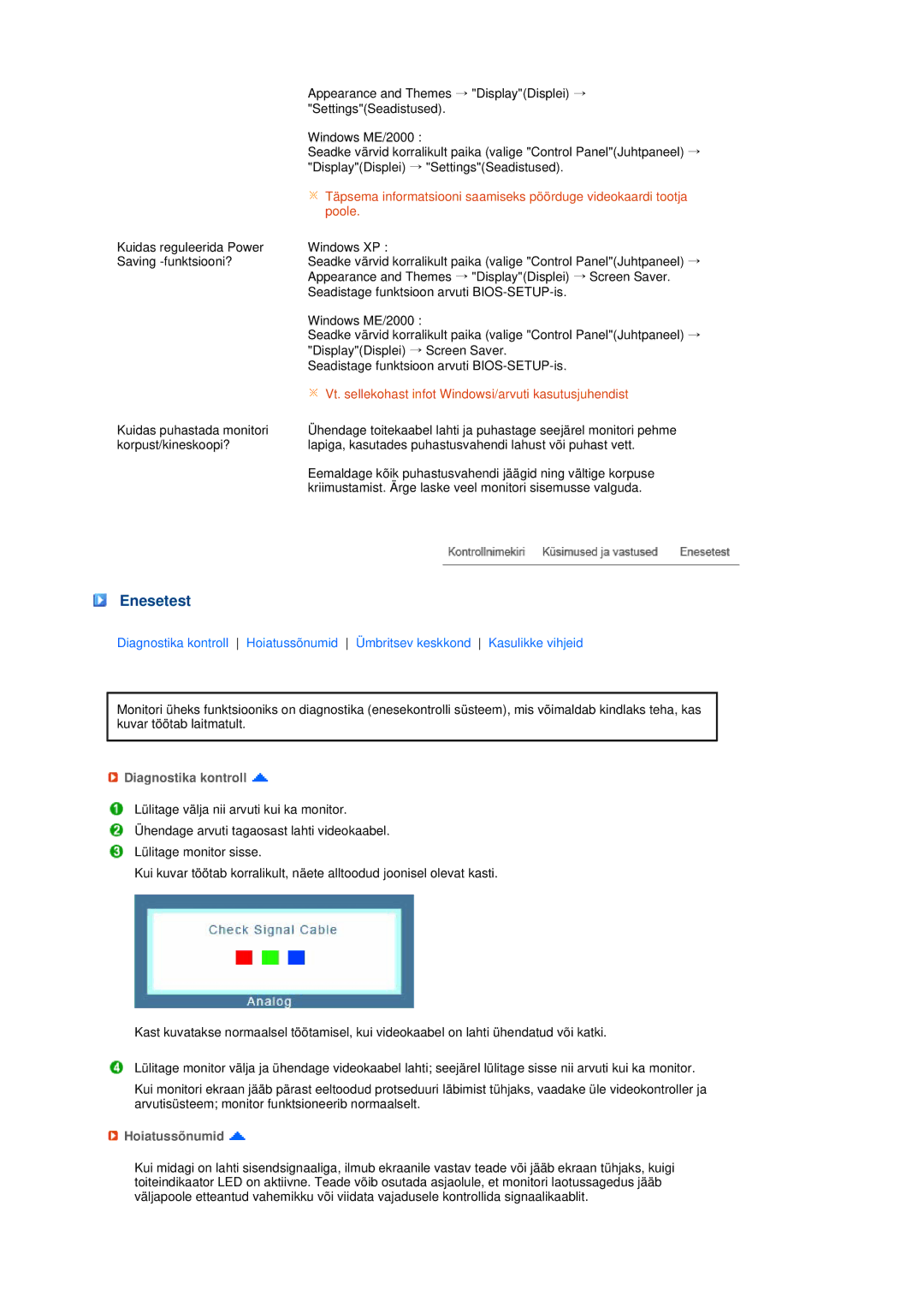 Samsung LS17MEDSBQ/EDC, LS19MEDSBQ/EDC manual Enesetest, Diagnostika kontroll, Hoiatussõnumid 