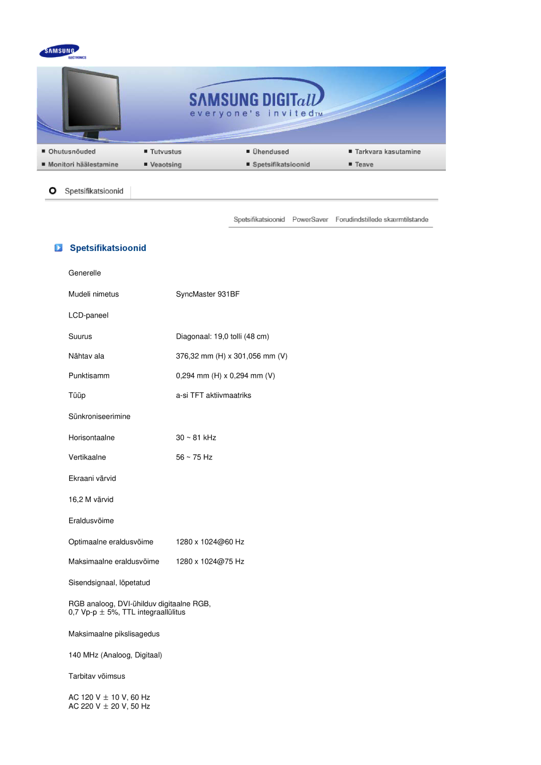 Samsung LS17MEDSBQ/EDC, LS19MEDSBQ/EDC manual Spetsifikatsioonid 