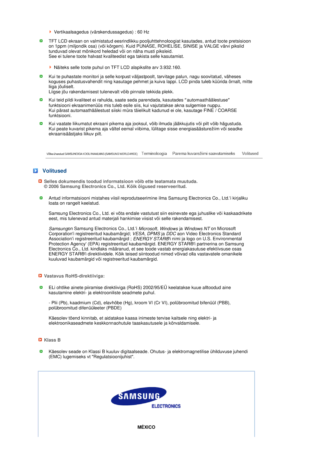 Samsung LS19MEDSBQ/EDC, LS17MEDSBQ/EDC manual Volitused, Vastavus RoHS-direktiiviga, Klass B 