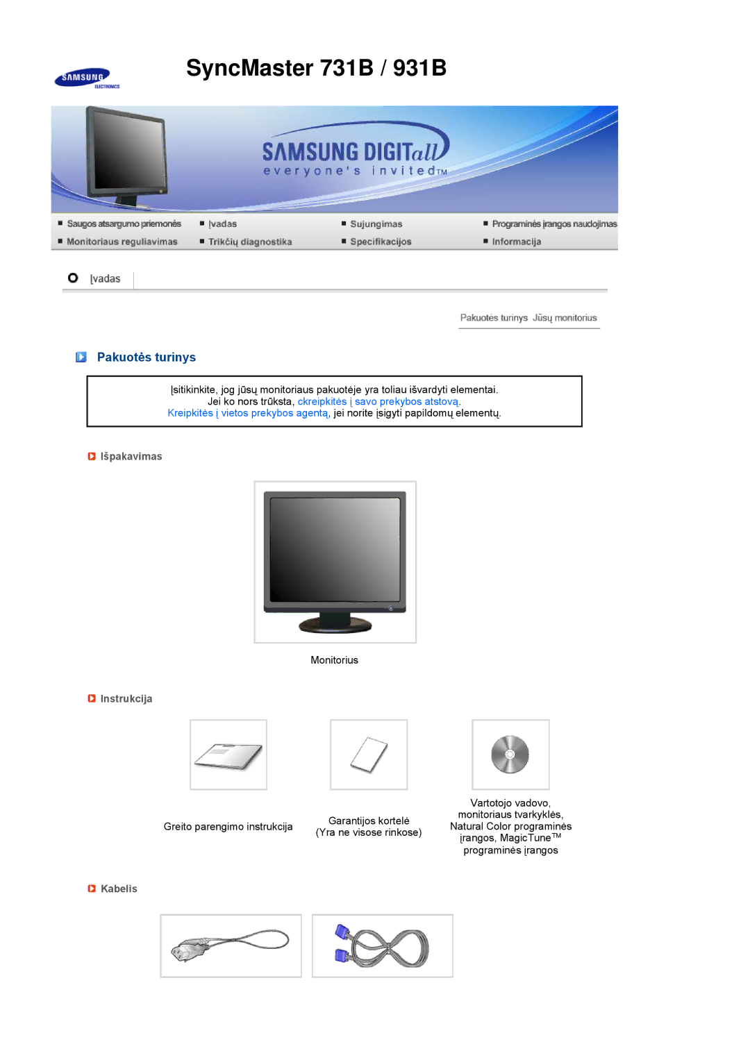 Samsung LS17MEDSBQ/EDC, LS19MEDSBQ/EDC manual Pakuotės turinys, Išpakavimas, Instrukcija, Kabelis 