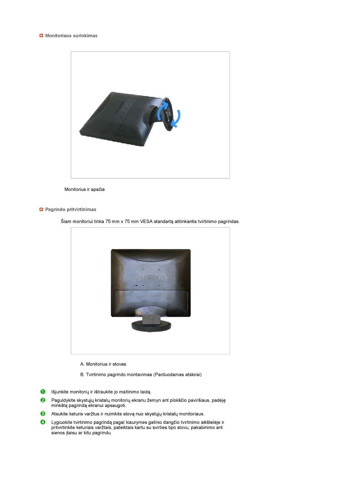 Samsung LS19MEDSBQ/EDC, LS17MEDSBQ/EDC manual Monitoriaus surinkimas, Pagrindo pritvirtinimas 