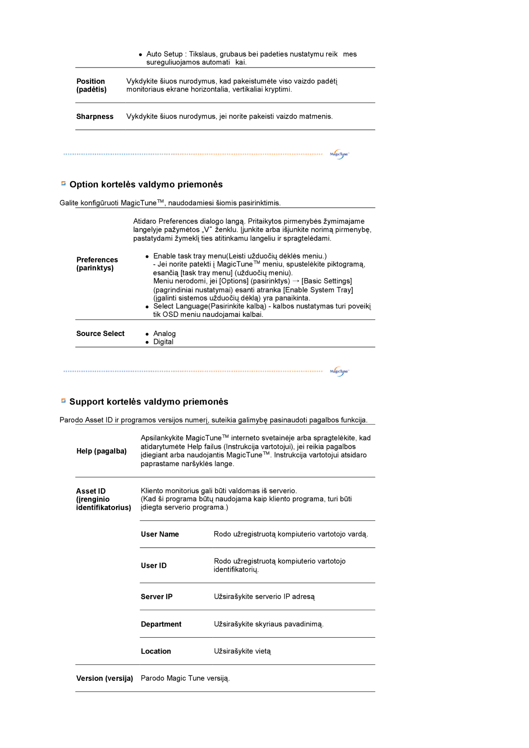 Samsung LS19MEDSBQ/EDC, LS17MEDSBQ/EDC manual Option kortelės valdymo priemonės 