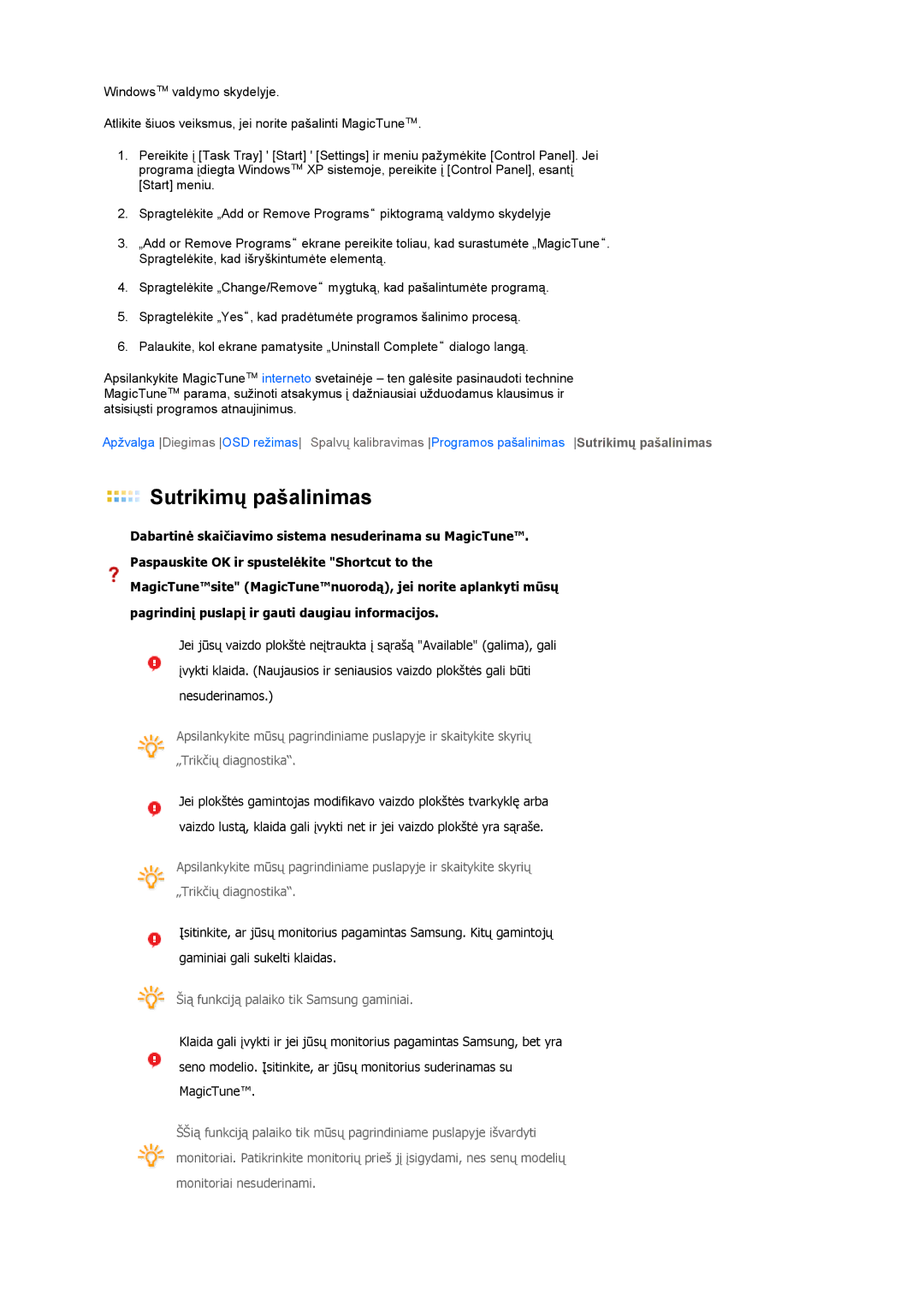 Samsung LS19MEDSBQ/EDC, LS17MEDSBQ/EDC manual Sutrikimų pašalinimas 