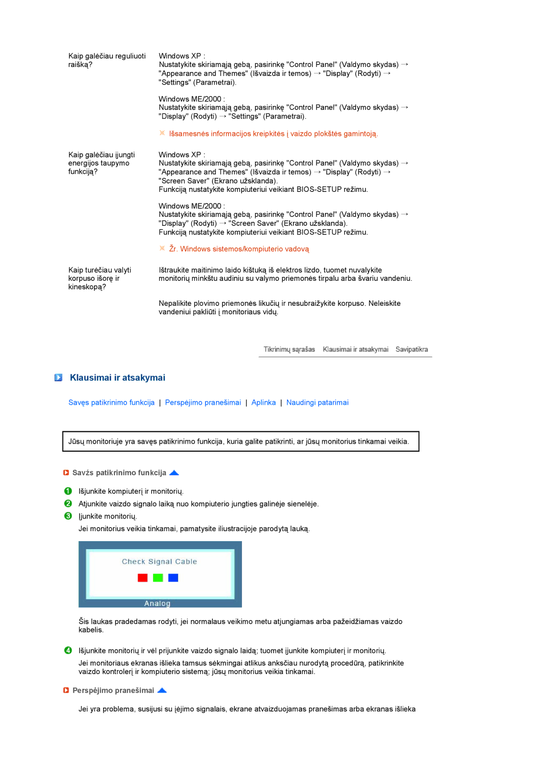 Samsung LS17MEDSBQ/EDC, LS19MEDSBQ/EDC manual Savźs patikrinimo funkcija, Perspėjimo pranešimai 