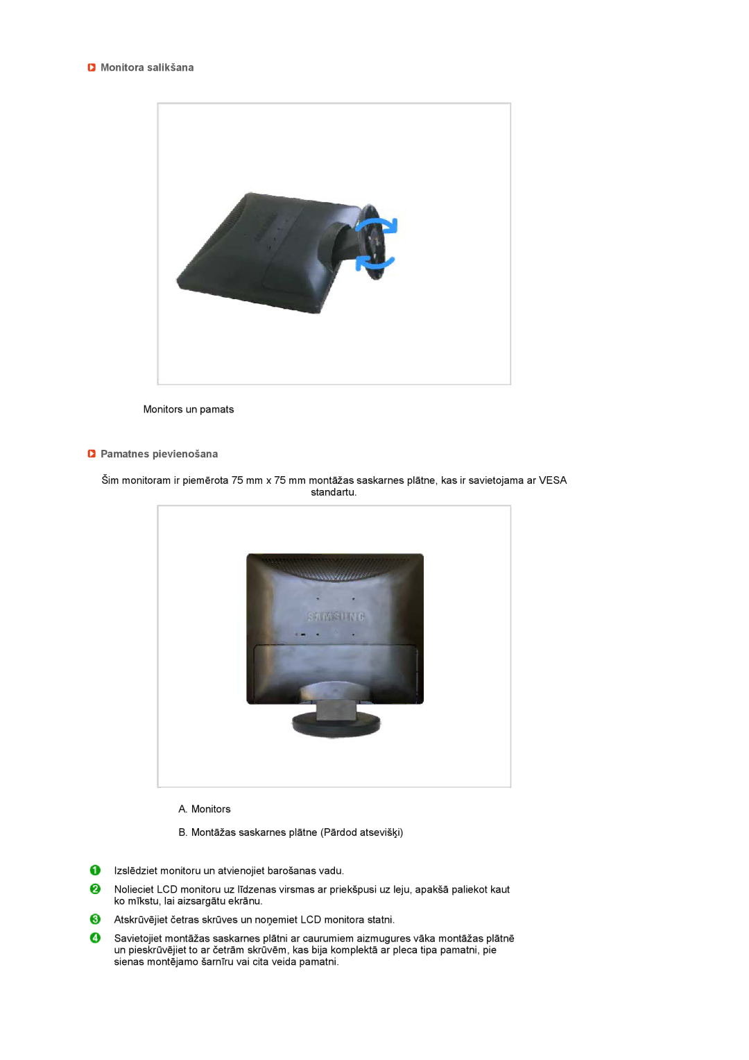 Samsung LS17MEDSBQ/EDC, LS19MEDSBQ/EDC manual Monitora salikšana, Pamatnes pievienošana 