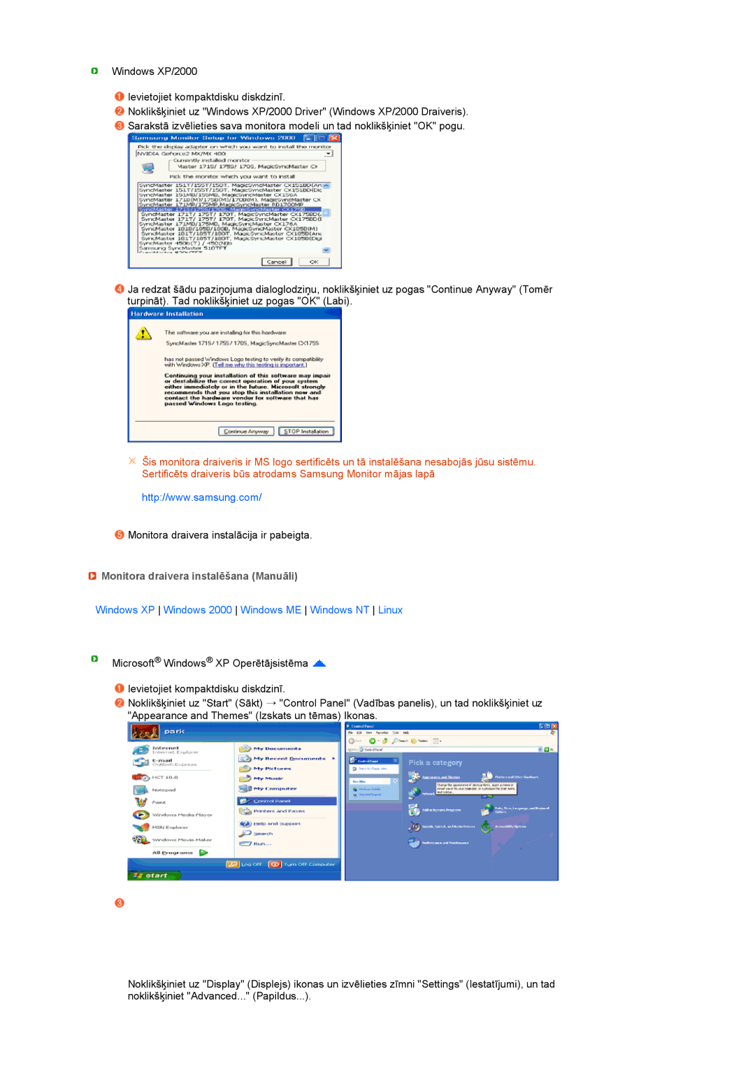 Samsung LS17MEDSBQ/EDC manual Monitora draivera instalēšana Manuāli, Windows XP Windows 2000 Windows ME Windows NT Linux 