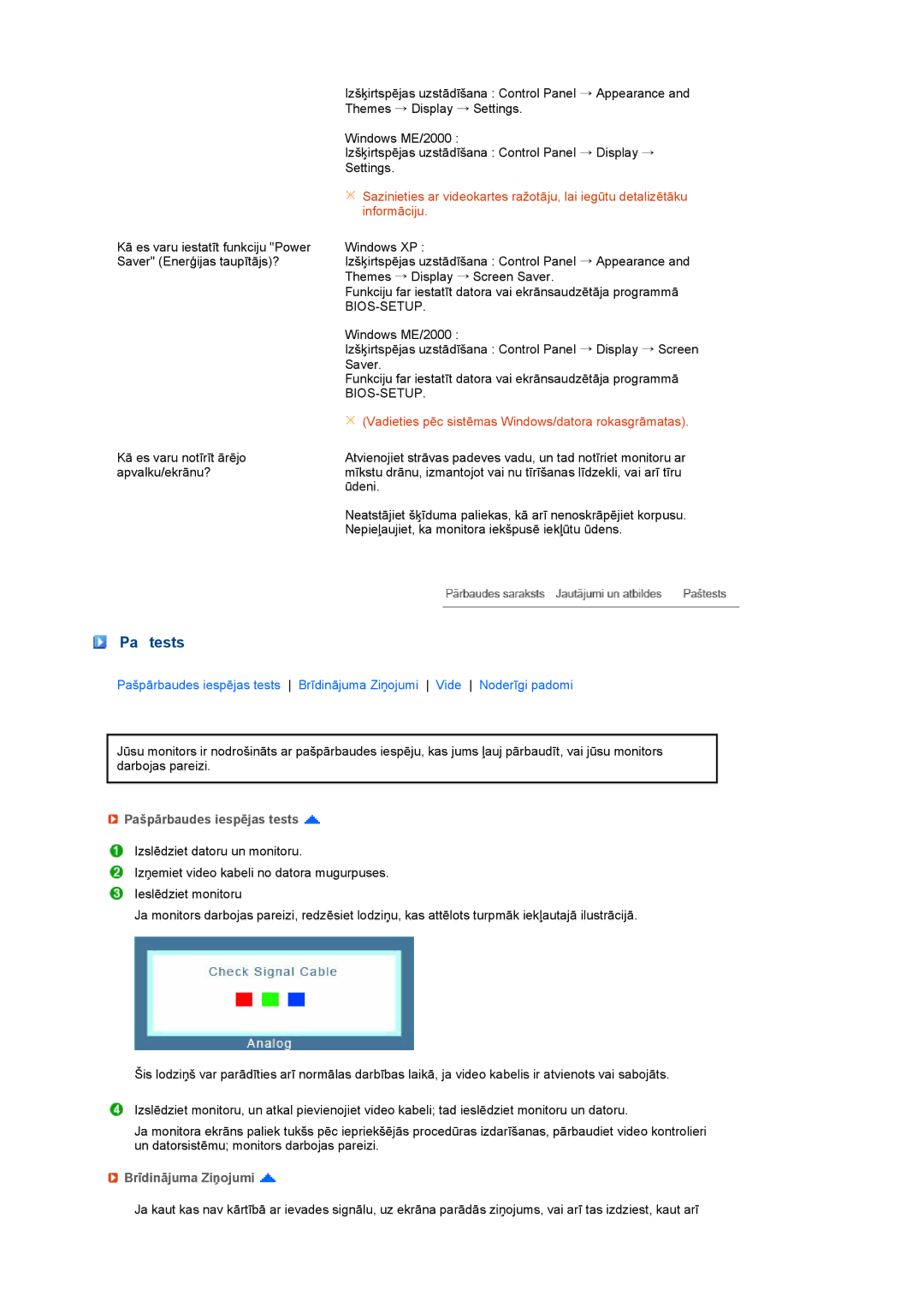 Samsung LS17MEDSBQ/EDC, LS19MEDSBQ/EDC manual Pa tests, Pašpārbaudes iespējas tests, Brīdinājuma Ziņojumi 