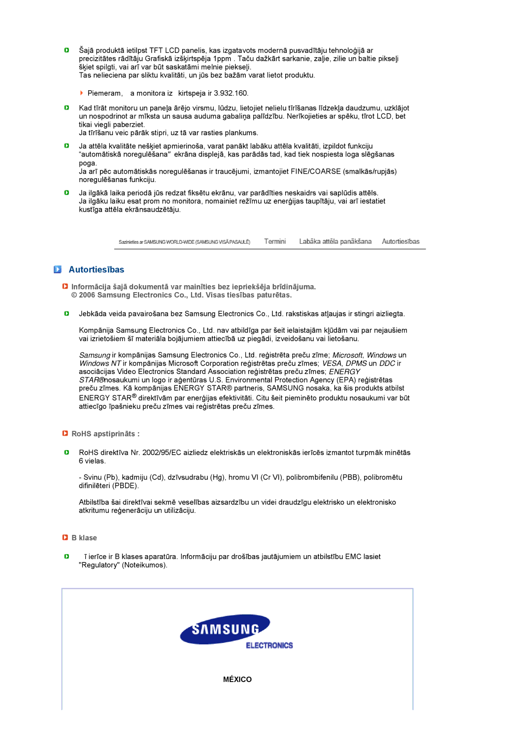 Samsung LS19MEDSBQ/EDC, LS17MEDSBQ/EDC manual Autortiesības, RoHS apstiprināts, Klase 