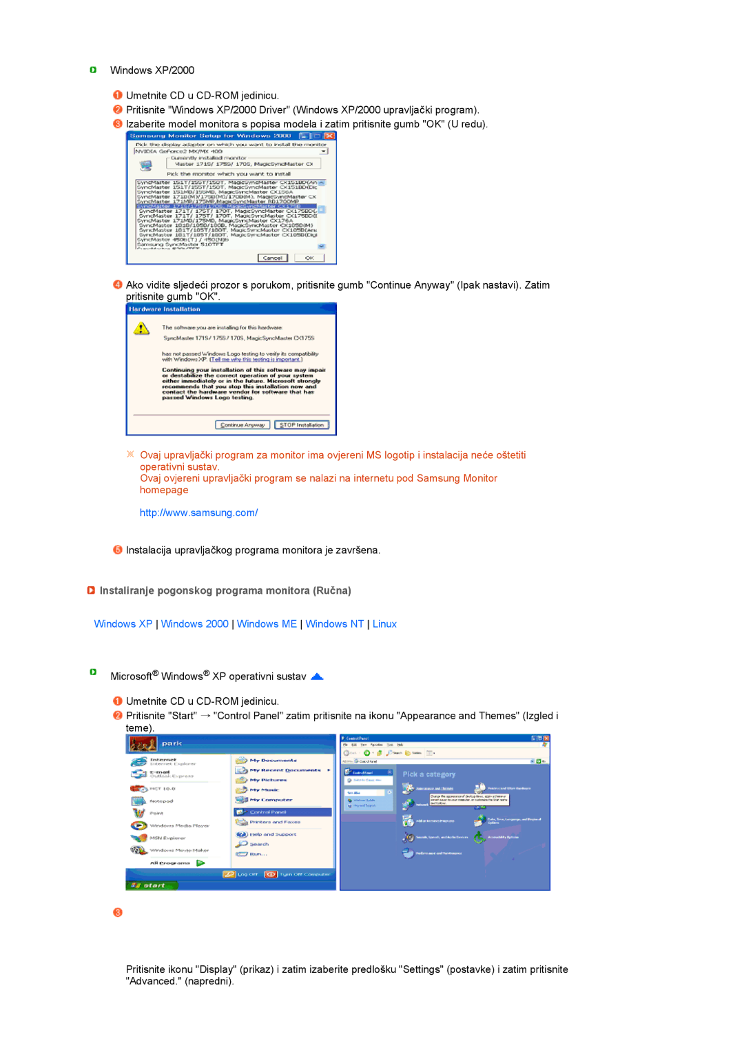 Samsung LS17MEDSBQ/EDC Instaliranje pogonskog programa monitora Ručna, Windows XP Windows 2000 Windows ME Windows NT Linux 