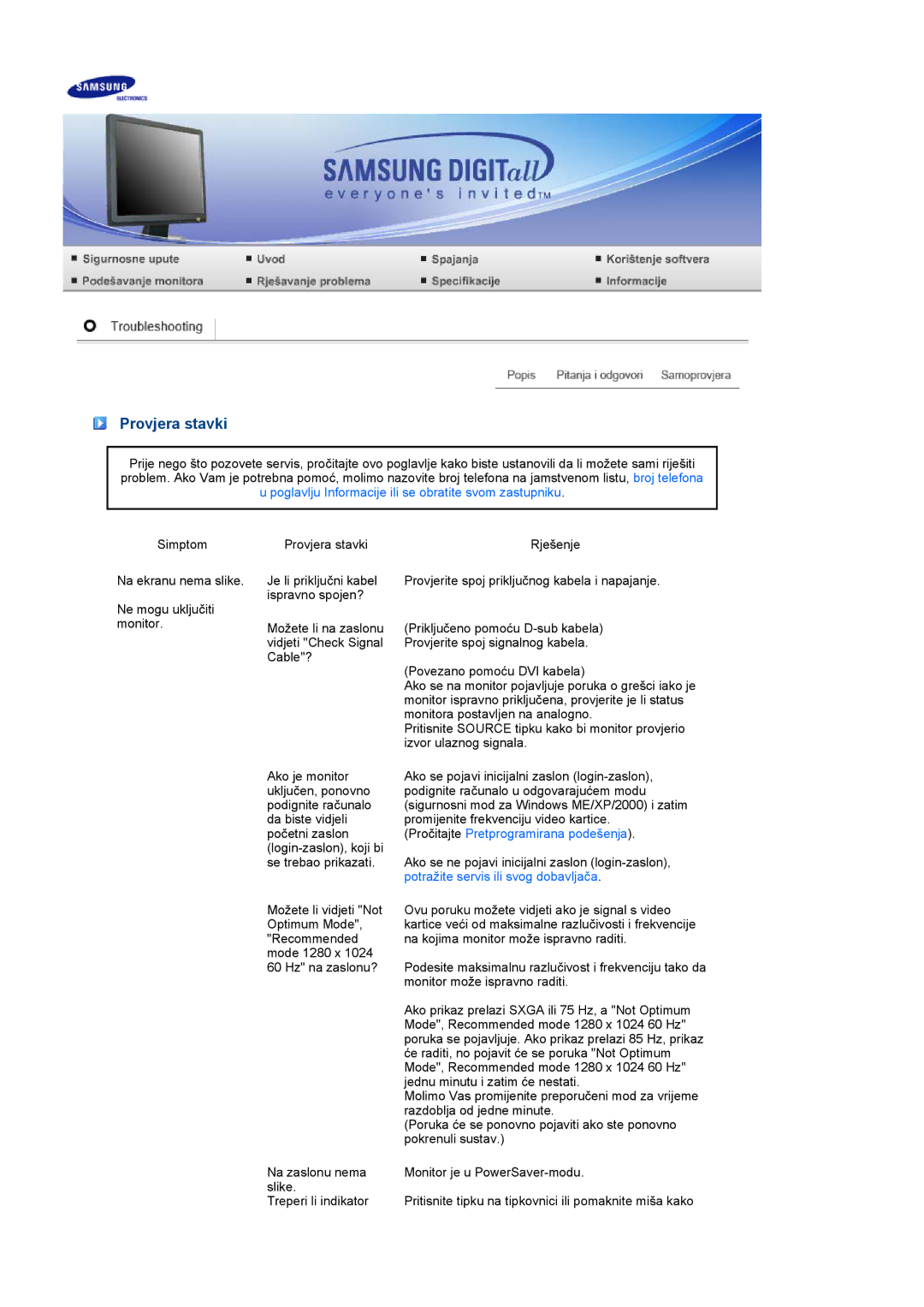 Samsung LS17MEDSBQ/EDC, LS19MEDSBQ/EDC manual Provjera stavki, Pročitajte Pretprogramirana podešenja 