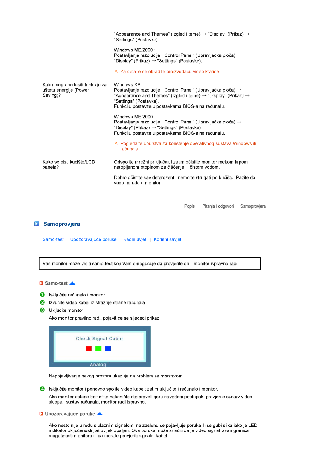 Samsung LS19MEDSBQ/EDC, LS17MEDSBQ/EDC manual Samoprovjera, Samo-test, Upozoravajuće poruke 