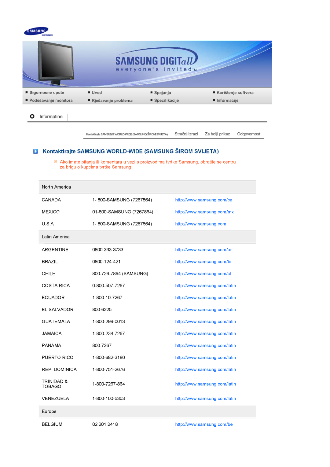 Samsung LS19MEDSBQ/EDC, LS17MEDSBQ/EDC manual Kontaktirajte Samsung WORLD-WIDE Samsung Širom Svijeta 