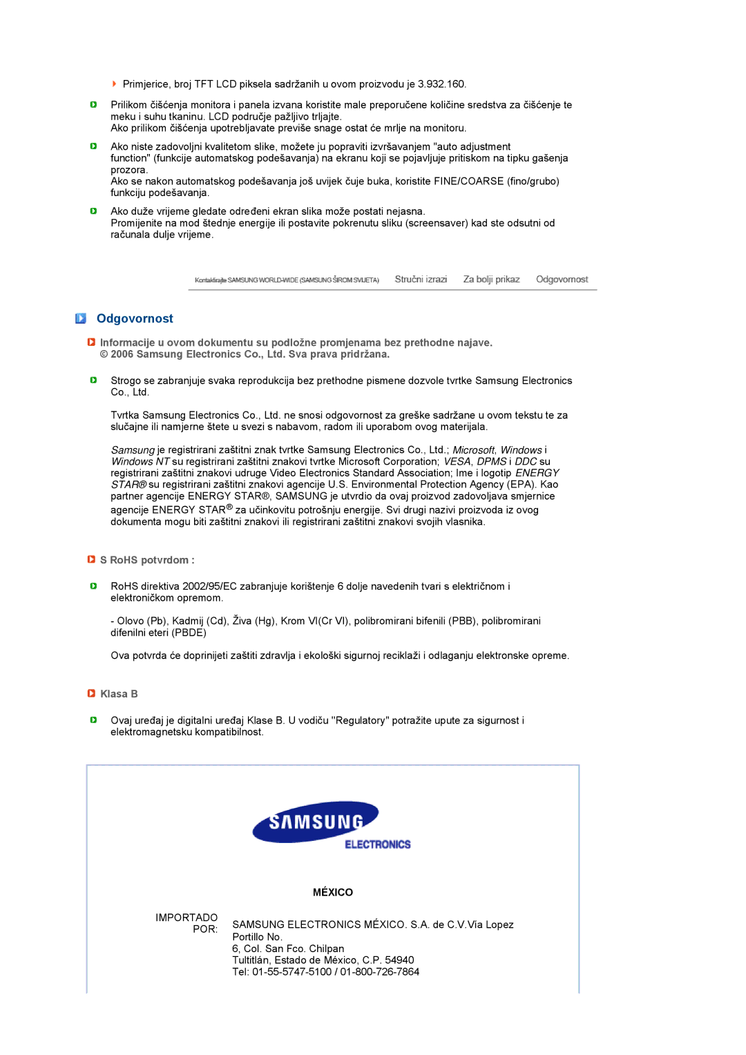 Samsung LS17MEDSBQ/EDC, LS19MEDSBQ/EDC manual Odgovornost, RoHS potvrdom, Klasa B 