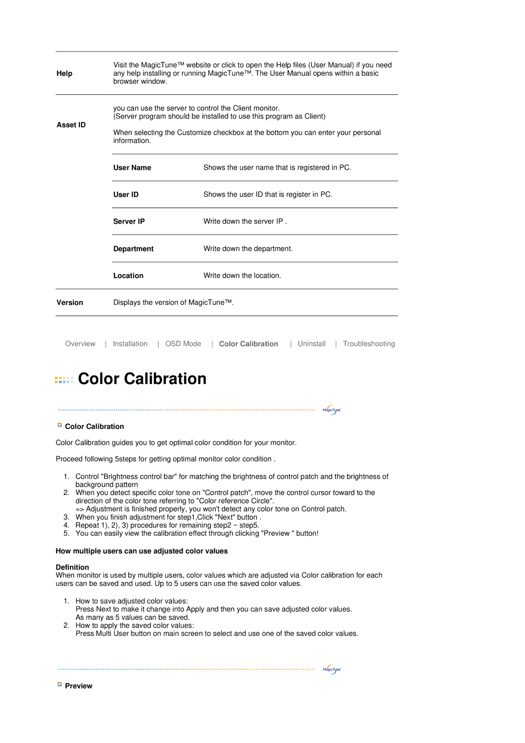 Samsung LS19MEPSFV/XSG Help, Asset ID, User Name, User ID, Server IP, Department, Location, Version, Color Calibration 