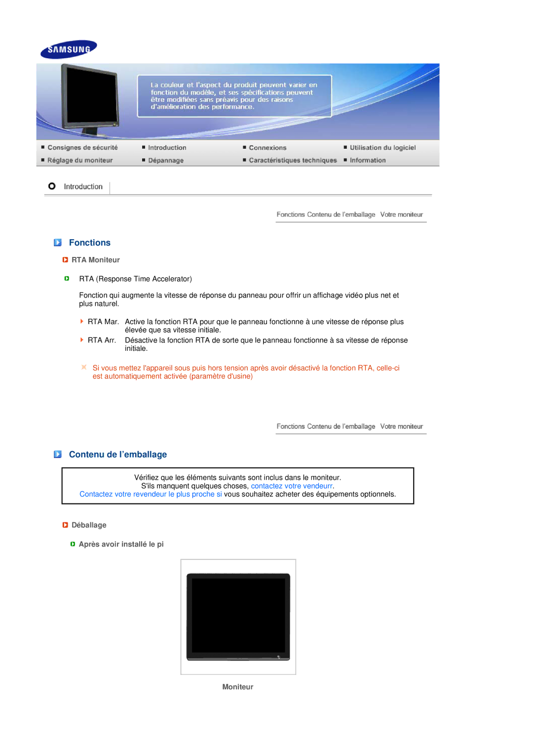 Samsung LS19MEPSFV/EDC Fonctions, Contenu de l’emballage, RTA Moniteur, Déballage Après avoir installé le pi Moniteur 