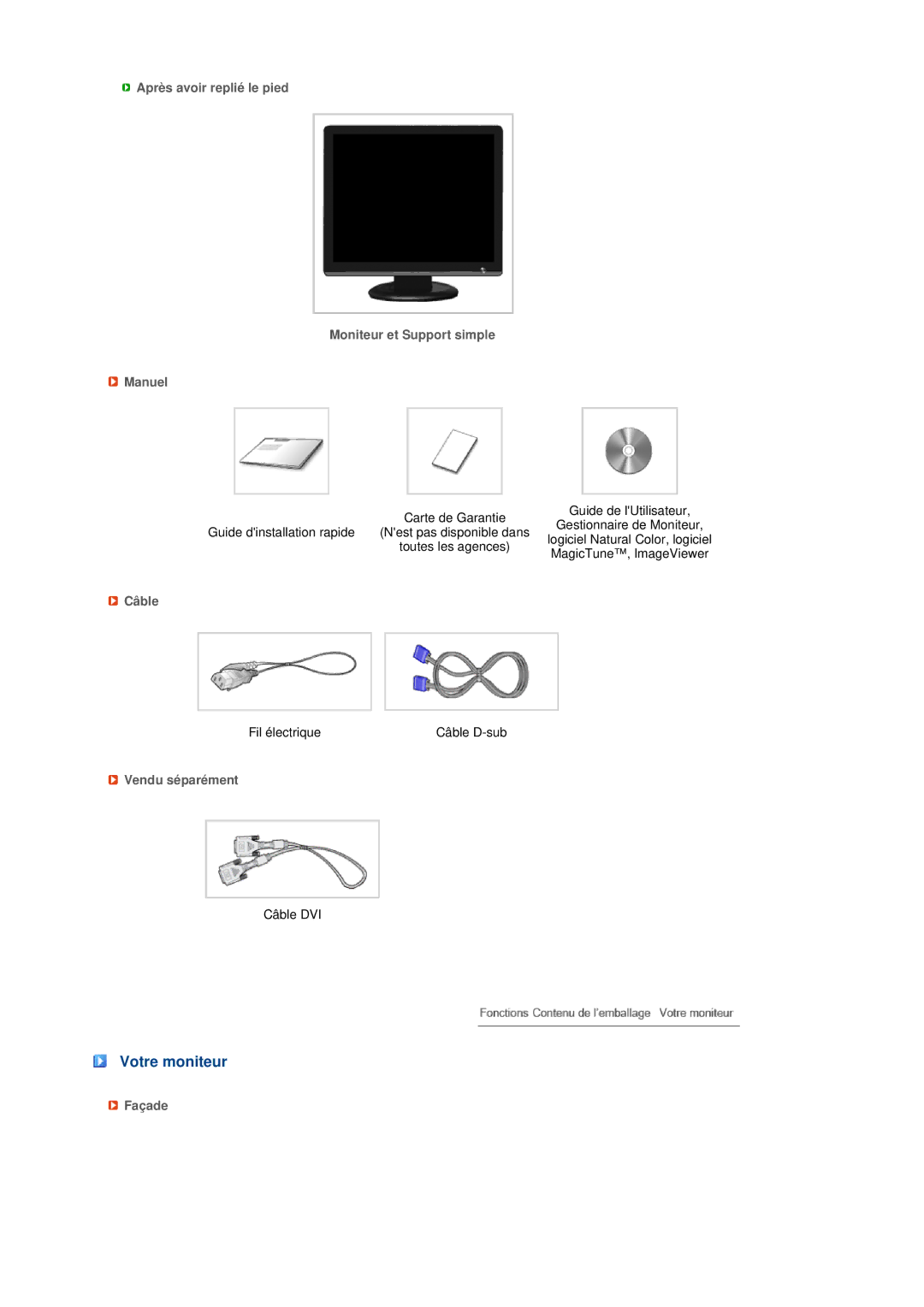 Samsung LS19MEPSFV/EDC manual Votre moniteur, Câble, Vendu séparément, Façade 