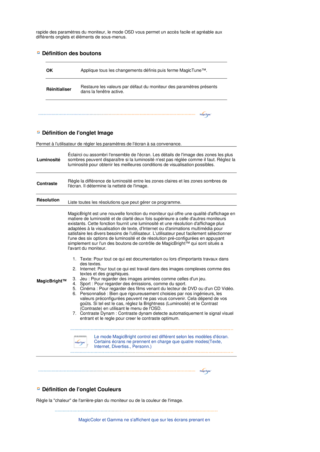 Samsung LS19MEPSFV/EDC manual Réinitialiser, Contraste, Résolution, MagicBright 