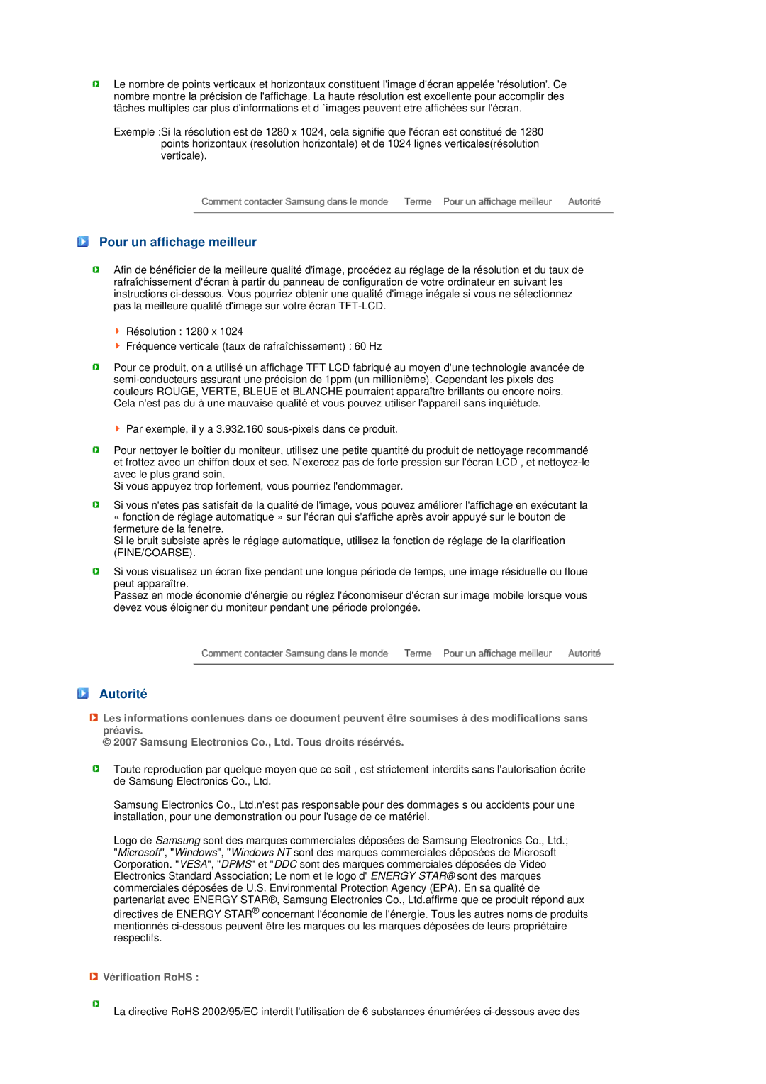 Samsung LS19MEPSFV/EDC manual Pour un affichage meilleur, Autorité, Vérification RoHS 