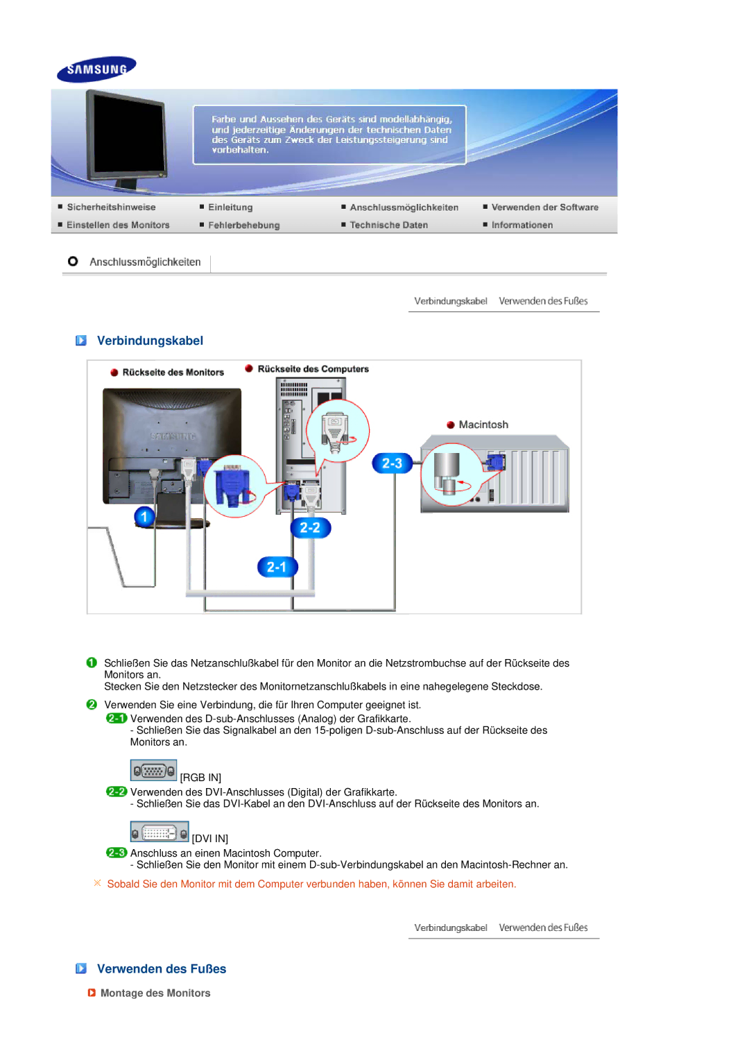 Samsung LS19MEPSFV/EDC manual Verbindungskabel, Verwenden des Fußes, Montage des Monitors 