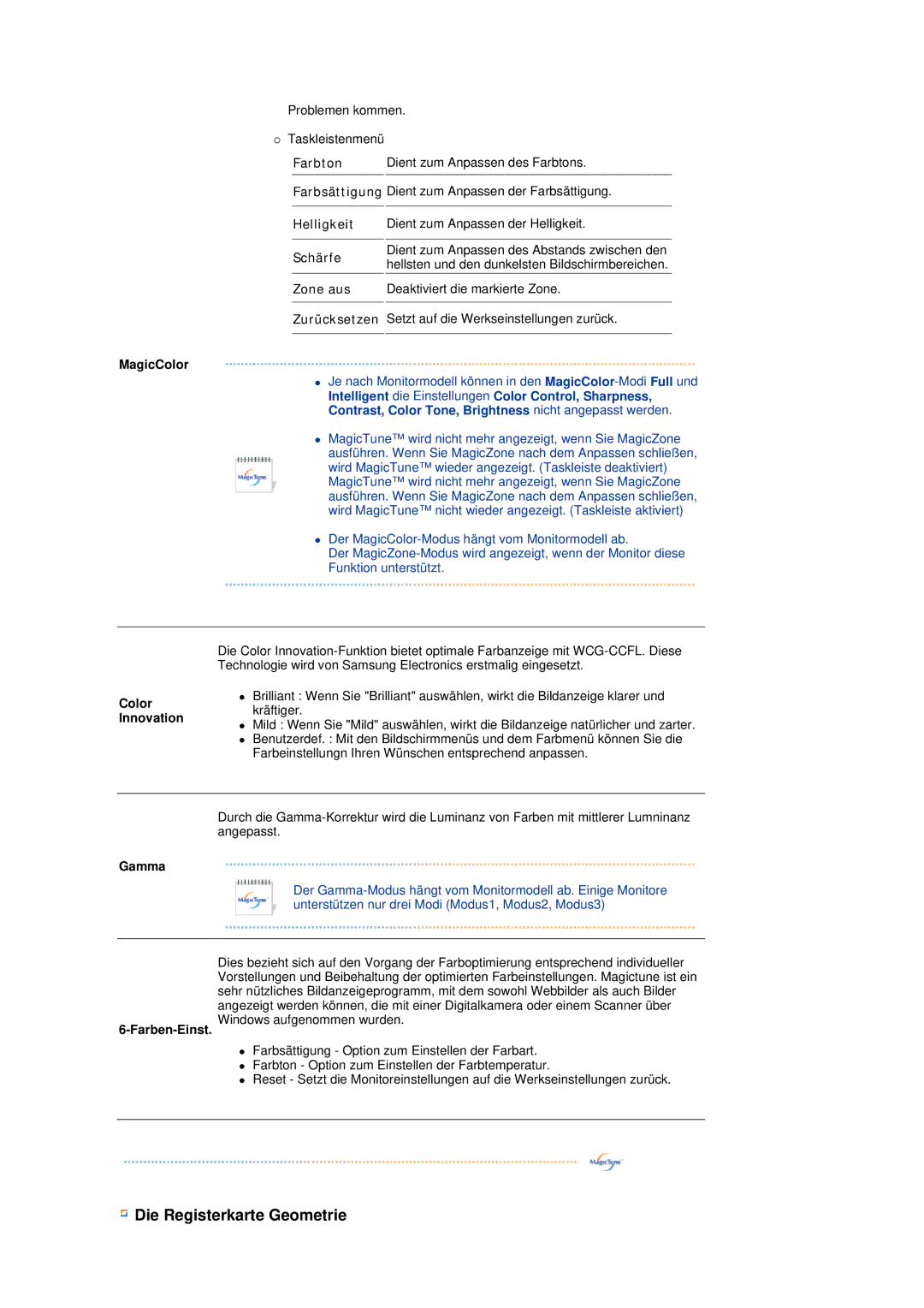 Samsung LS19MEPSFV/EDC manual Die Registerkarte Geometrie, Schärfe 