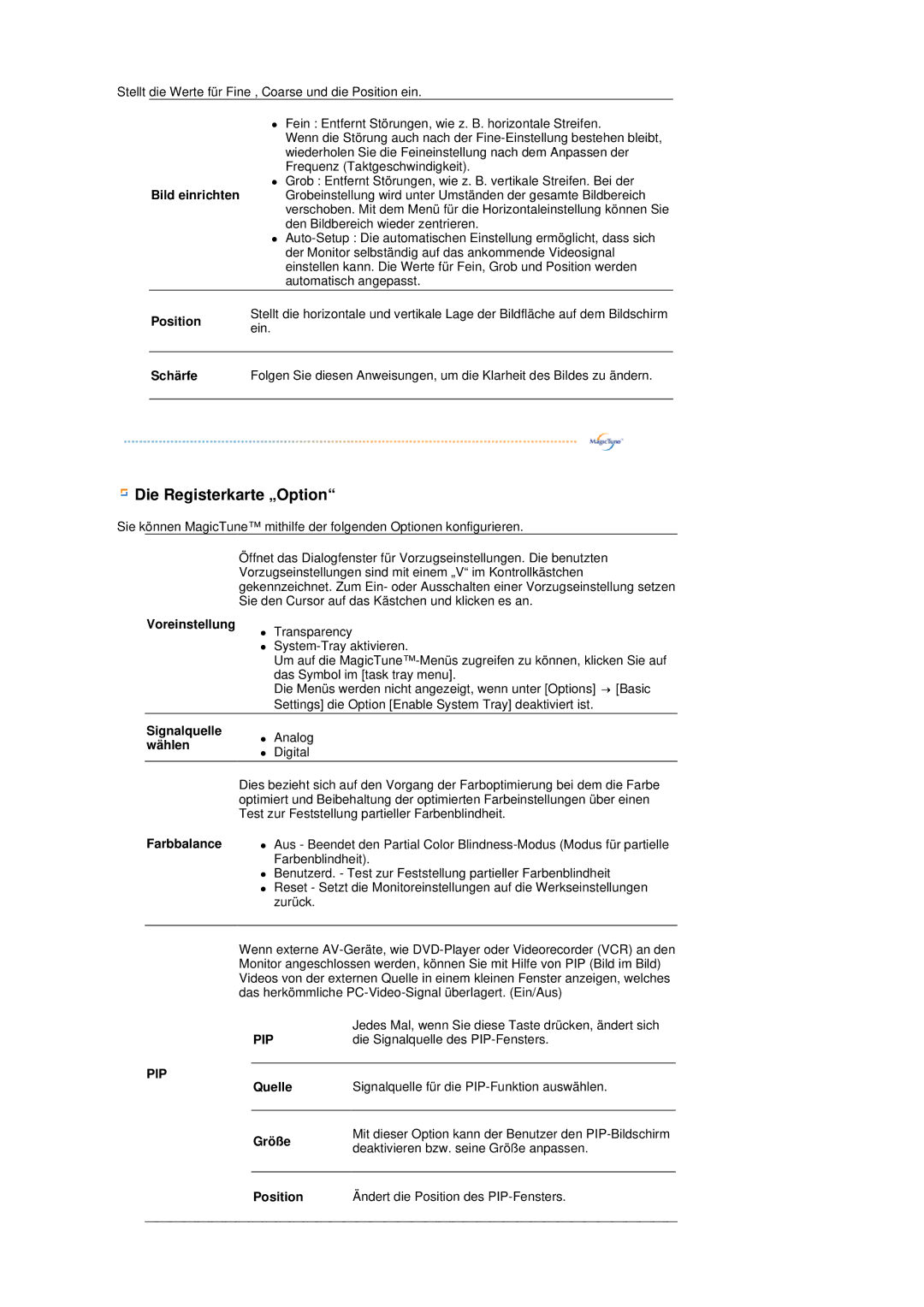 Samsung LS19MEPSFV/EDC manual Die Registerkarte „Option, Voreinstellung 