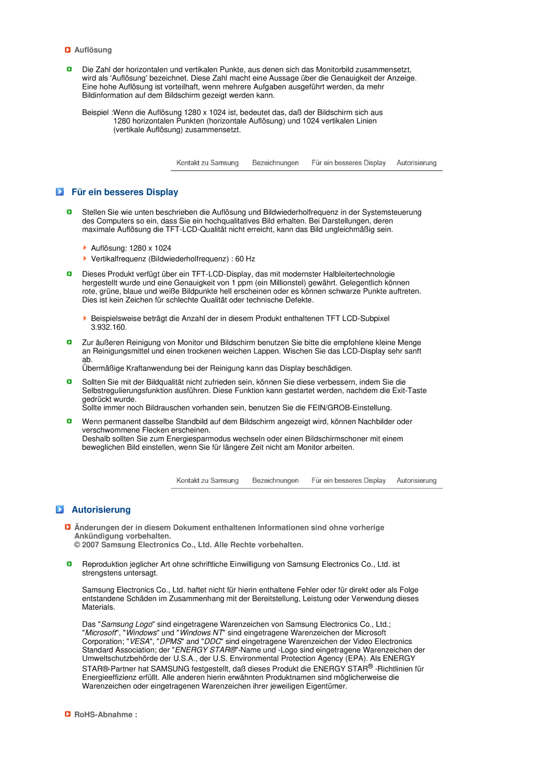 Samsung LS19MEPSFV/EDC manual Für ein besseres Display, Autorisierung, Auflösung, RoHS-Abnahme 