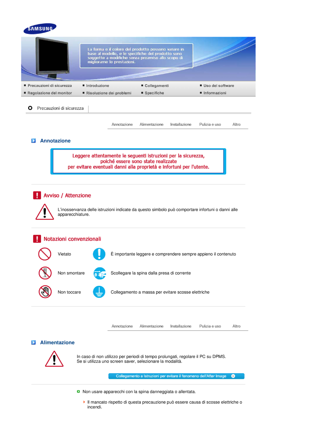 Samsung LS19MEPSFV/EDC manual Annotazione, Alimentazione 