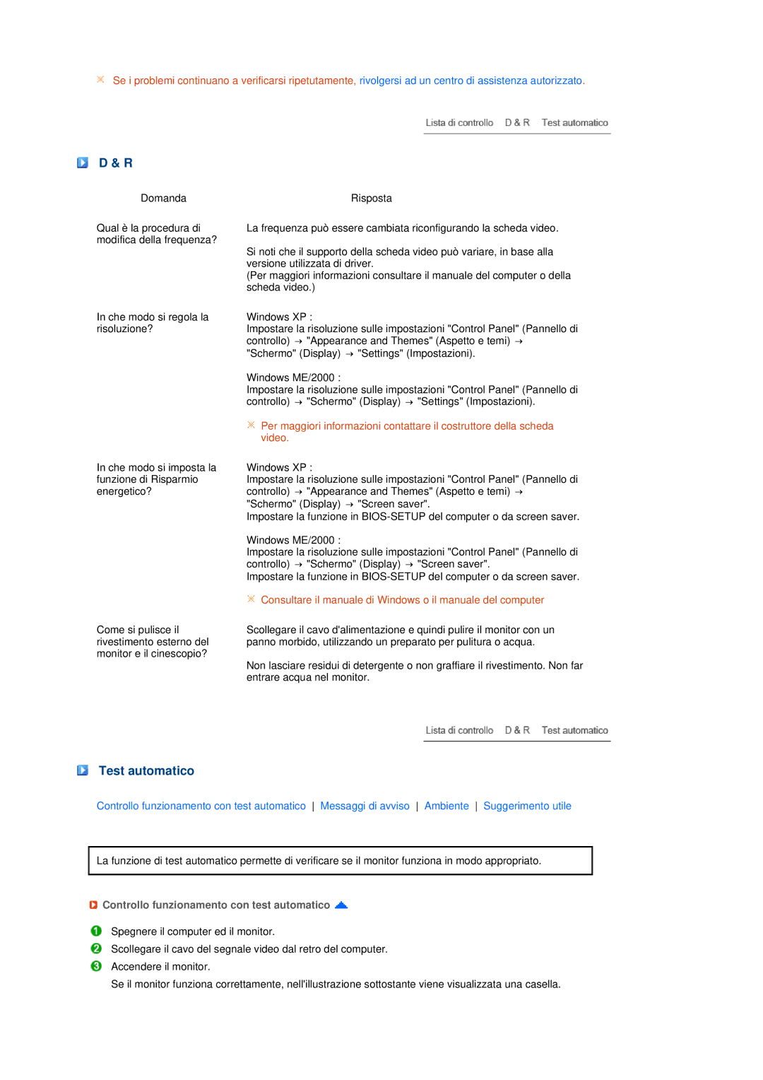 Samsung LS19MEPSFV/EDC manual Test automatico, Controllo funzionamento con test automatico 