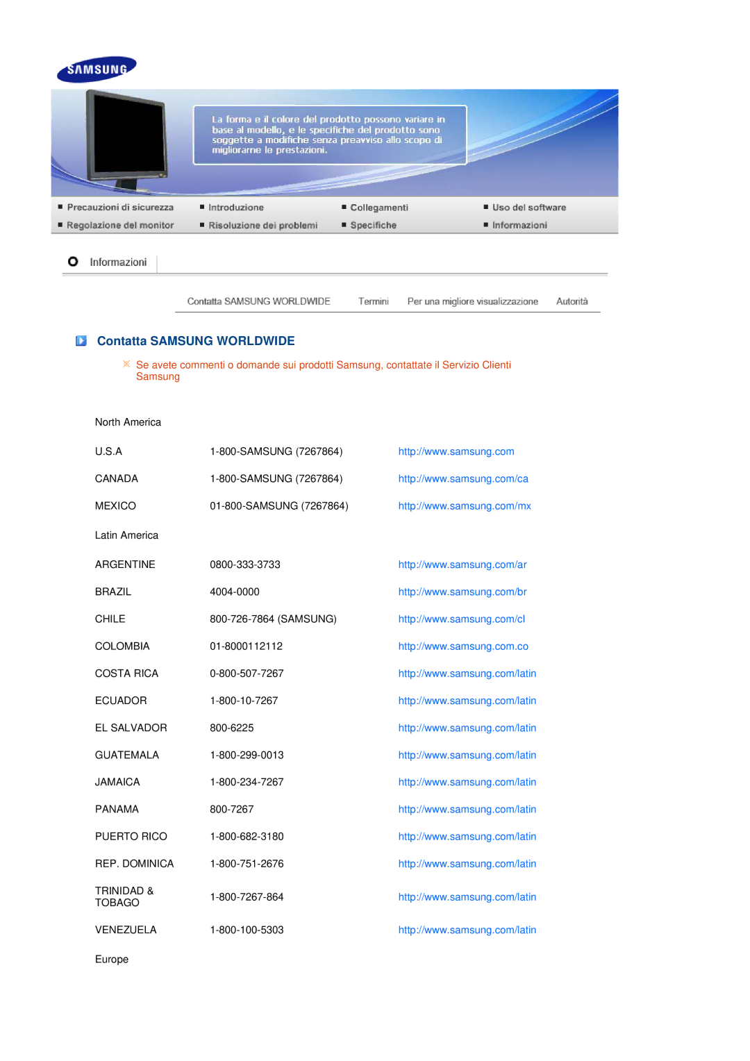 Samsung LS19MEPSFV/EDC manual Contatta Samsung Worldwide 