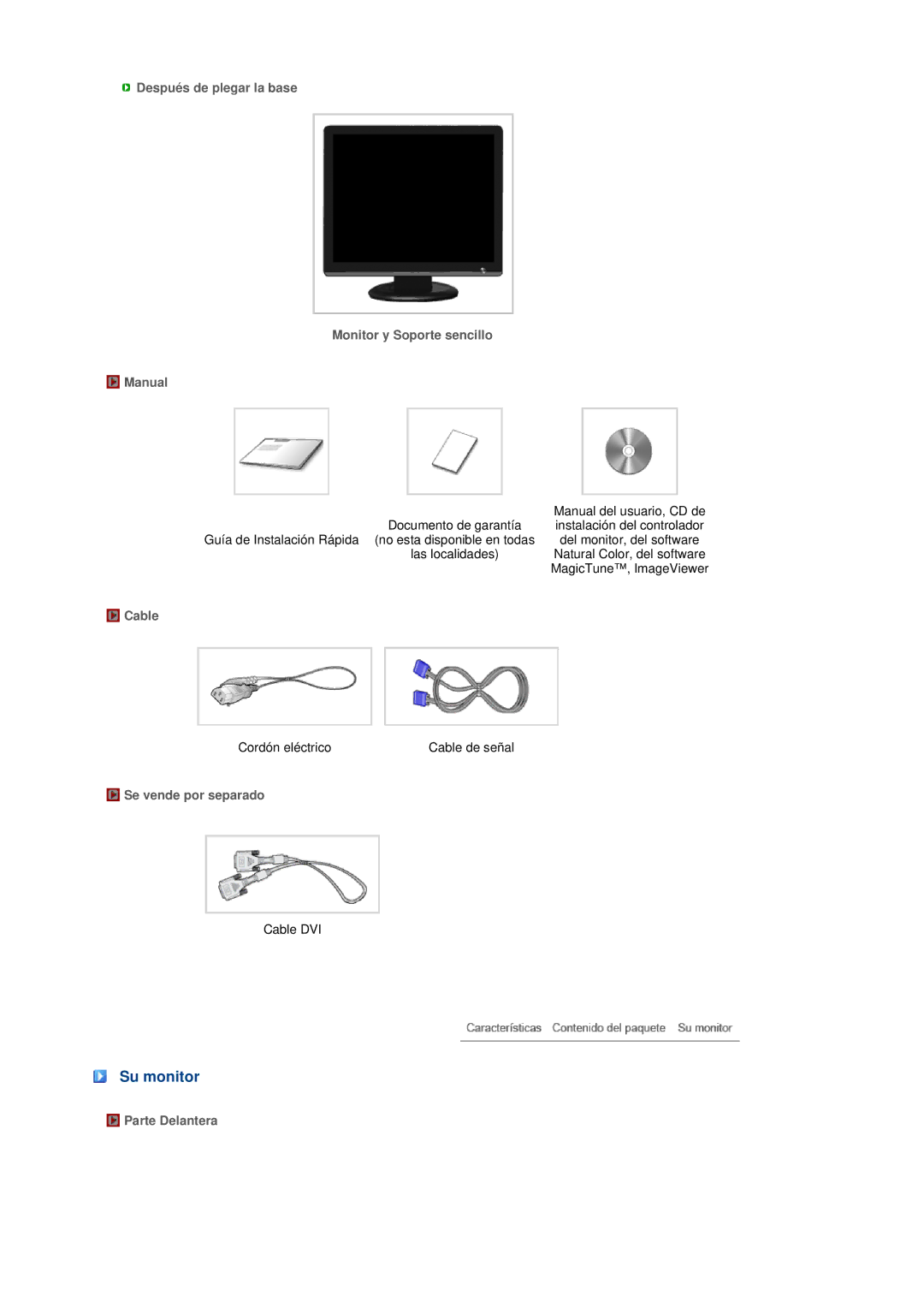 Samsung LS19MEPSFV/EDC Su monitor, Después de plegar la base Monitor y Soporte sencillo Manual, Cable, Parte Delantera 