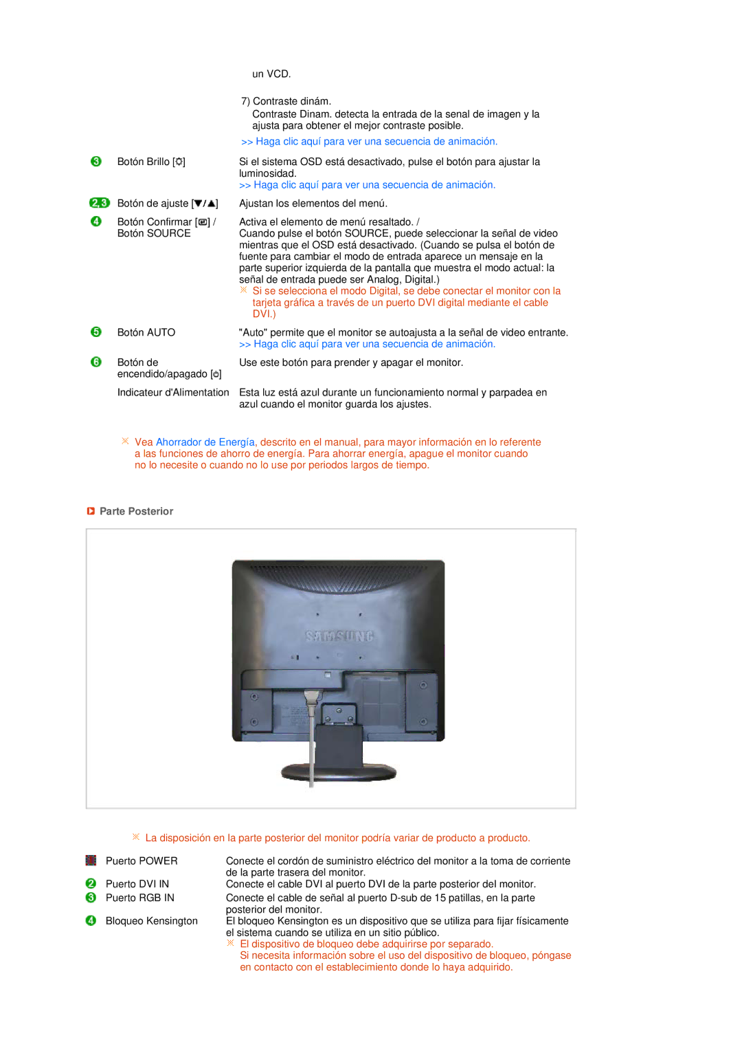 Samsung LS19MEPSFV/EDC manual Haga clic aquí para ver una secuencia de animación, Parte Posterior 