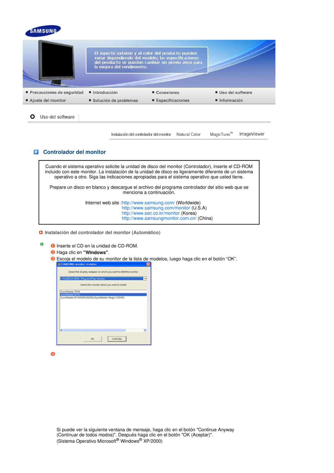 Samsung LS19MEPSFV/EDC manual Controlador del monitor, Instalación del controlador del monitor Automático 