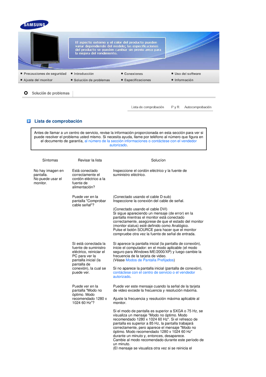 Samsung LS19MEPSFV/EDC manual Lista de comprobación, Véase Modos de Pantalla Prefijados 